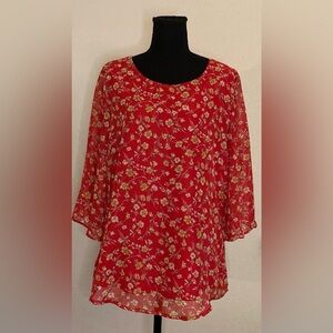 Acevog-Red long sleeve‎ floral blouse Size XL